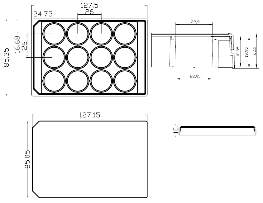 12 Well glass bottom plates P12-1.5H-N dimension