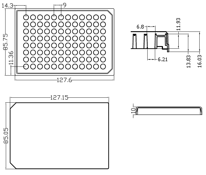 96 Well glass bottom plates P96-1-N dimension